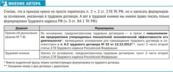 Основания для увольнения директора по статье 278 ТК РФ